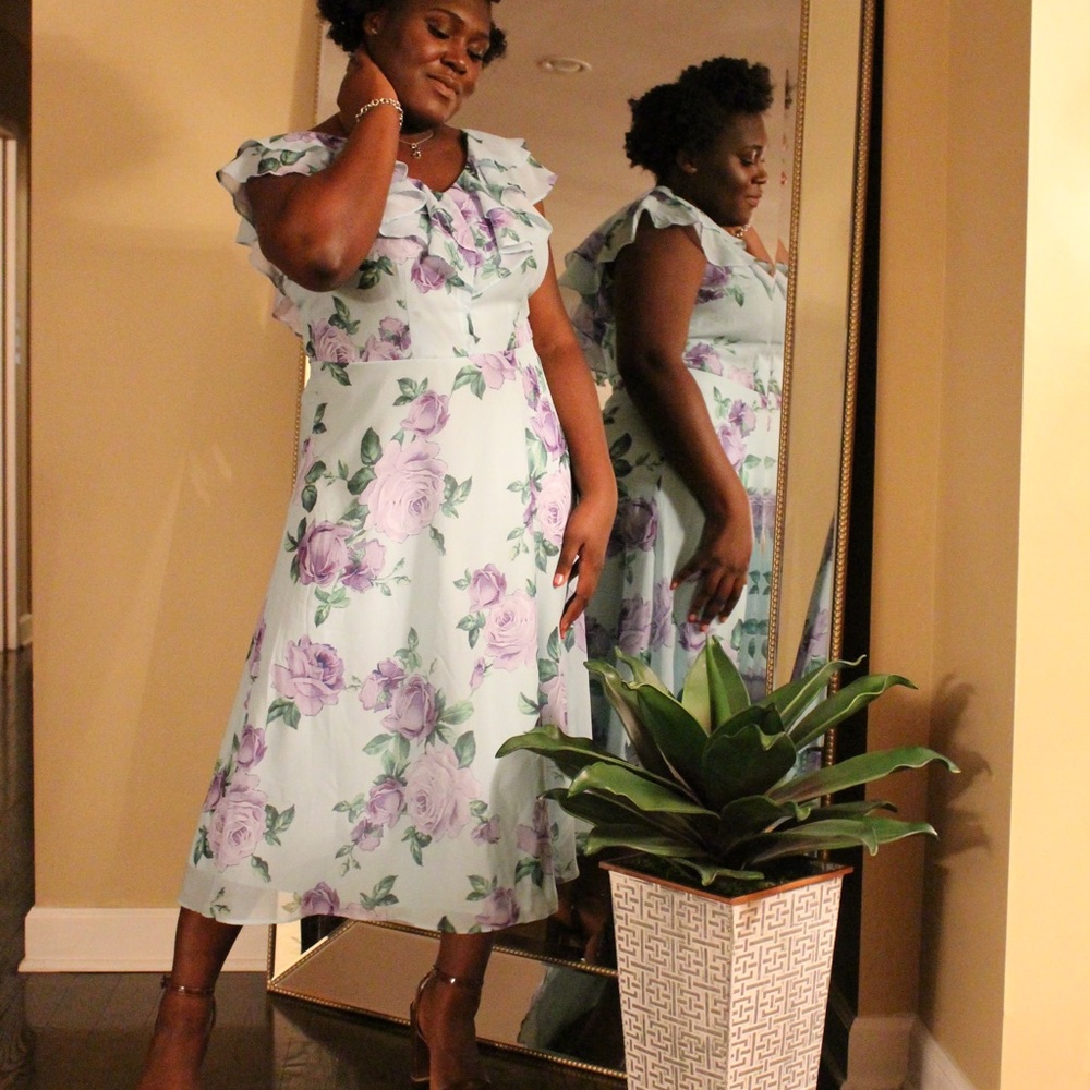 Flutter Sleeve Tea Length Dress 16W